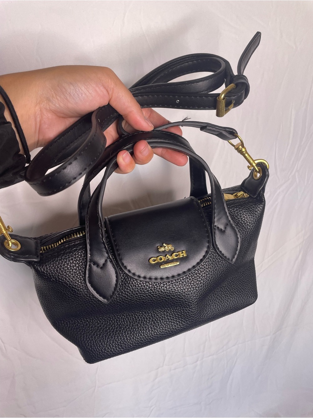Coach Black Pebbled Leather Crossbody Satchel with Gold Hardware